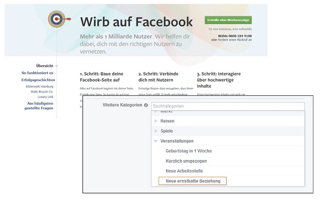 Screenshot der Werbeanzeigeneinstellungen in facebook
