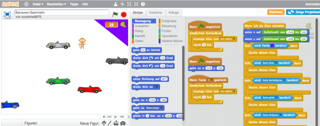 Screenshot Bananen-Sammel-Spiel Editoransicht Scratch