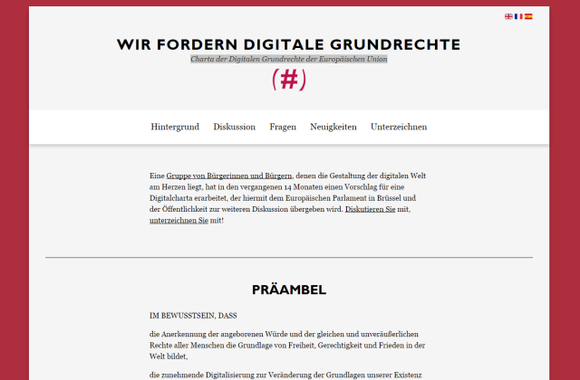 Screenshot der Seite digitalcharta.eu