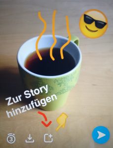 Screenshot der Erstellung eines Fotos bei Snapchat mit dem Hinweis, wo das Foto zur Story hinzugefügt werden kann