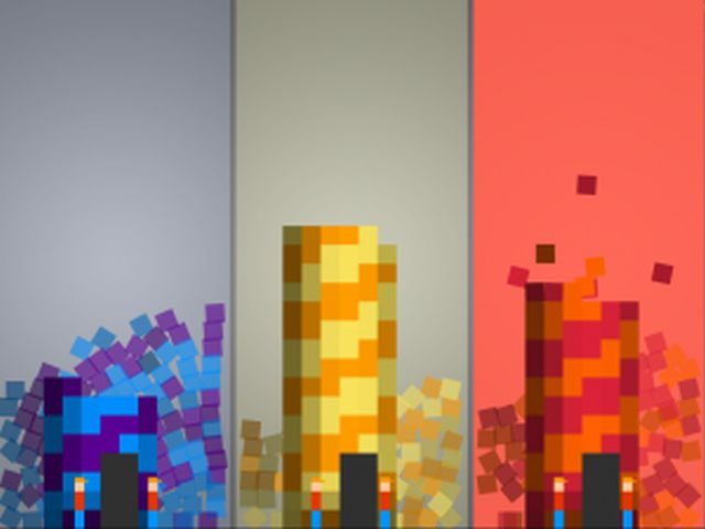 Screenshot vom Spiel 3 farbige Türme aus Würfeln zusammgesetzt