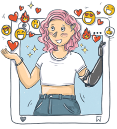 Illustration einer Frau. Diese guckt aus einem Instagram Beitrag. Um ihren Kopf herum viele unterschiedliche Emojis. Sie hat eine Armprothese.