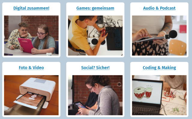 Sechs kleine Kästchen mit Titel und Bild. In jedem Bild sieht man Jugendliche dabei wie sie sich z.B. am iPad, mit verschiedenen Controllern beschäftigen. Einen Fotodrucker und MakeyMakeys.